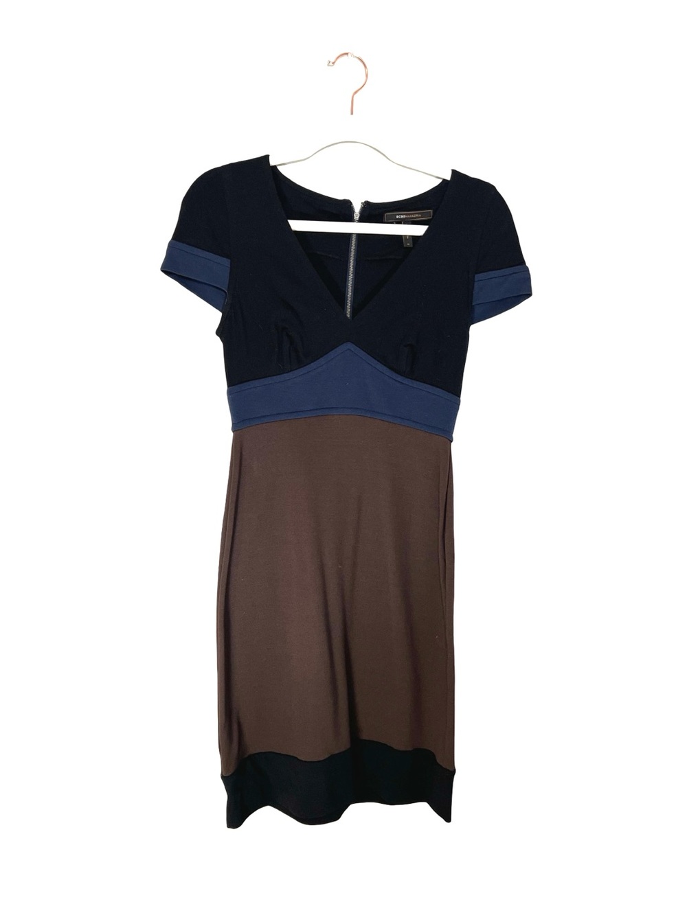 BCBG Max Azria black and brown dress with a V-neckline and short sleeves